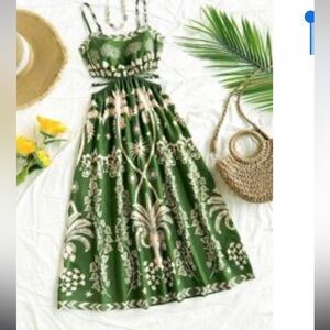 Green and white resort style tropical midi cut out dress palm small floral rio